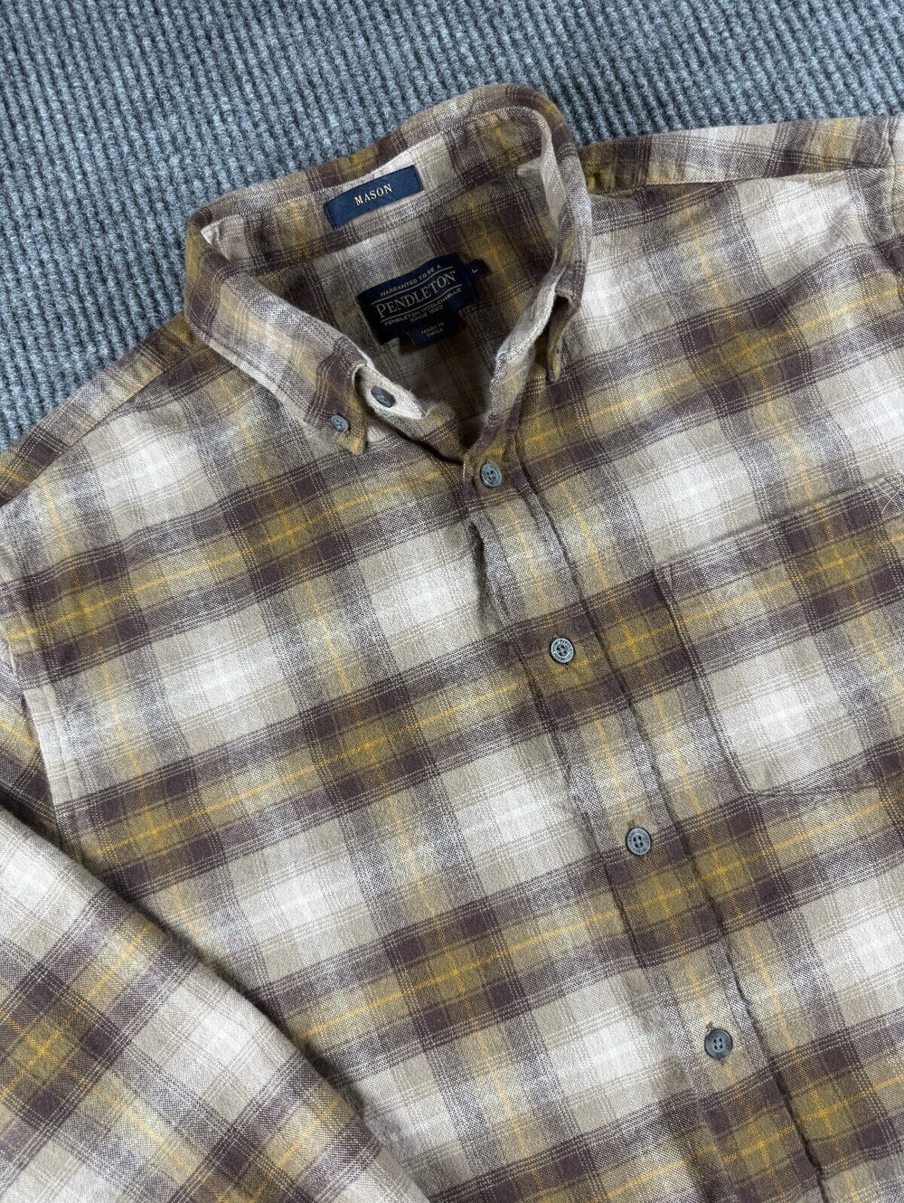 Pendleton Mason Button Up Flannel Mens L Long Sleeve Tan Brown Plaid 100% Cotton